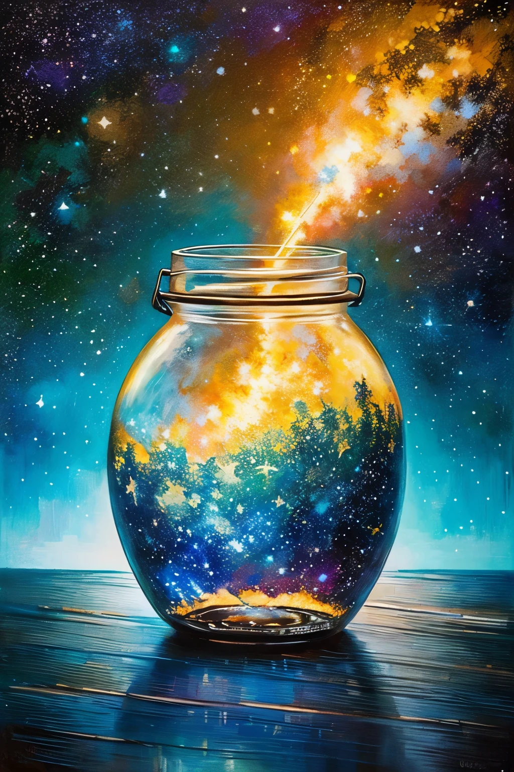 masterpiece、top-quality、(Very delicate and beautiful starry sky landscape trapped in a jar)、world masterpiece theater、high-resolutionisometric、top-quality、illustratio、Impasto、canvas、an oil painting、realism、realisitic