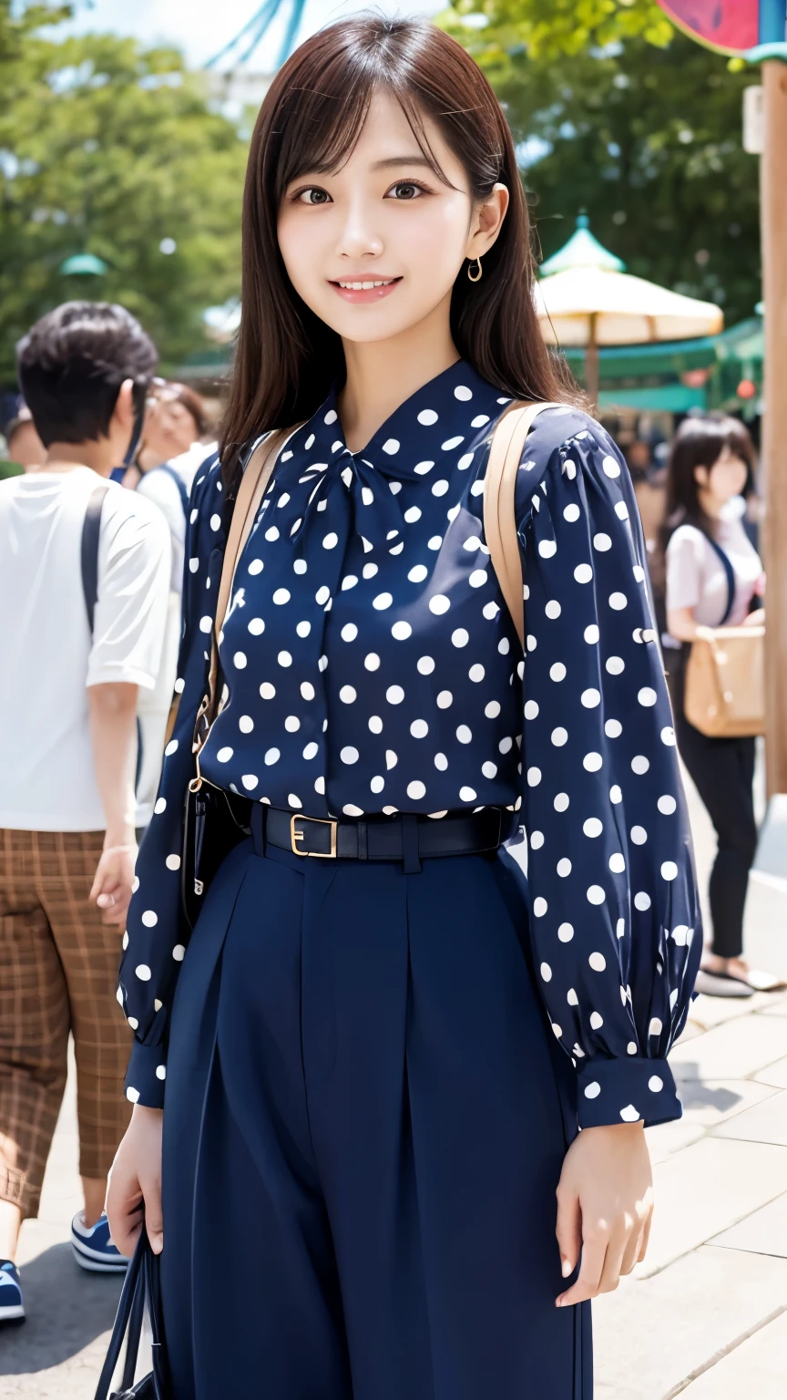 Japanese、Age 25、older sister、A randomly generated person with diverse facial features hairstyle、Perfect Anatomy,amusement park、Retro Classic、Polka dot blouse、High waist wide pants、Retro Loafers、Clutch bags