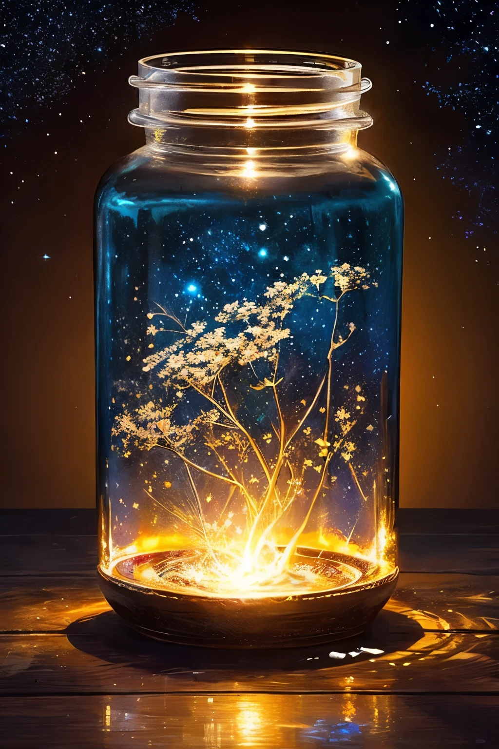 ​masterpiece、top-quality、（Very delicate and beautiful starry sky landscape trapped in a jar）、world masterpiece theater、high-resolutionisometric、top-quality、illustratio、Impasto、canvas、an oil painting、realism、realisitic