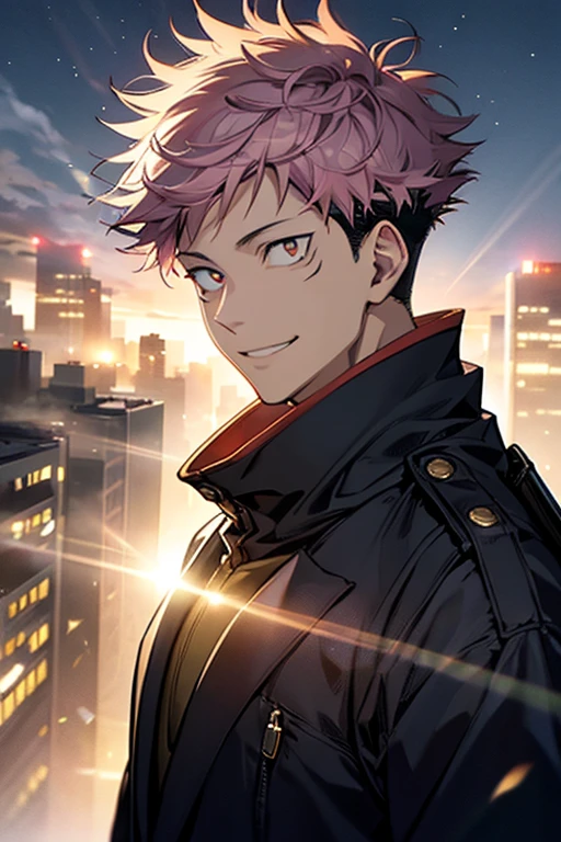 Knotweed Yuren,Clear eyes,pink hair, Big eyes,manly,Close Up Shot, nighttime scene,date,boyfriend,blindfolds, Smiling, Standing on the terrace of a building, Night, Modern city lights, DetailsCG City, Top, Cinematic lighting, lensflare, Detailed shading, Detailed Lighting, Best Quality, Contrasty, sharp, masutepiece, Illustration, Best Detail, Best lens flare quality, nigh sky, Fog of distant cities, Volumetric cloud sky, Detailed facial structure, Jujutsu Kaisen, 