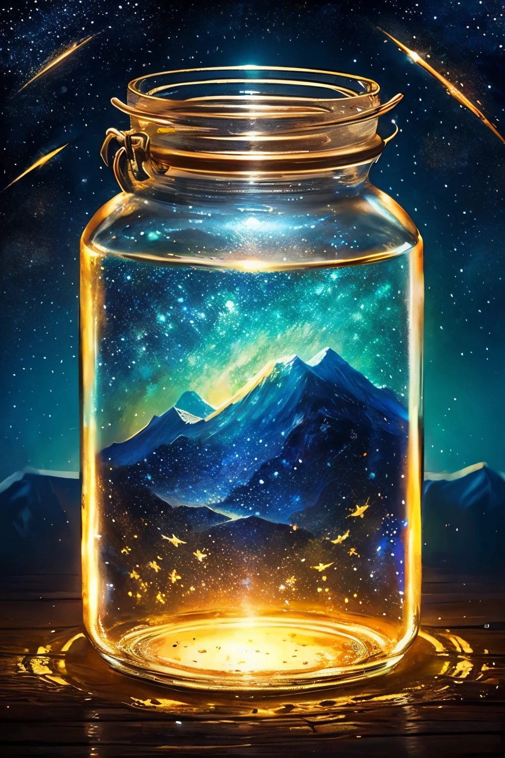 masterpiece、top-quality、(Very delicate and beautiful starry sky landscape trapped in a jar)、world masterpiece theater、high-resolutionisometric、top-quality、illustratio、Impasto、canvas、an oil painting、realism、realisitic