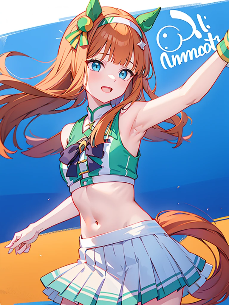 silence suzuka (umamusume), 1girl, solo, long hair, looking at viewer, smile, open mouth, bangs, blue eyes, skirt, simple background, shirt, white background, navel, holding, animal ears, tail, pleated skirt, hairband, sleeveless, alternate costume, midriff, miniskirt, blunt bangs, orange hair, arm up, crop top, sleeveless shirt, horse ears, horse girl, green skirt, horse tail, cheerleader, pom pom (cheerleading), ear covers, holding pom poms
