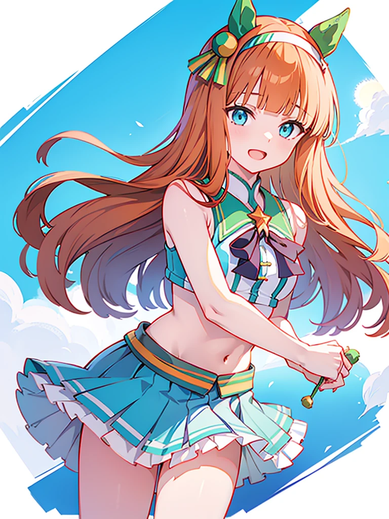 silence suzuka (umamusume), 1girl, solo, long hair, looking at viewer, smile, open mouth, bangs, blue eyes, skirt, simple background, shirt, white background, navel, holding, animal ears, tail, pleated skirt, hairband, sleeveless, alternate costume, midriff, miniskirt, blunt bangs, orange hair, arm up, crop top, sleeveless shirt, horse ears, horse girl, green skirt, horse tail, cheerleader, pom pom (cheerleading), ear covers, holding pom poms