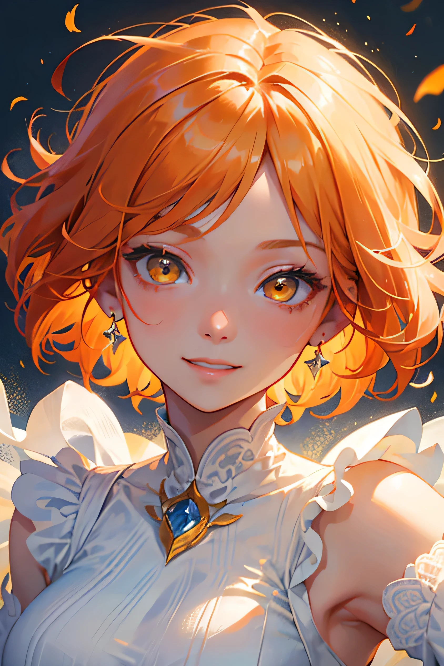 masterpiece, highest quality, so beautiful、up to date、Orange Hair, short hair, (Yellow Eyes)、(Fearless smile)、Adult woman in white dress、Face close-up、((bullish expression))