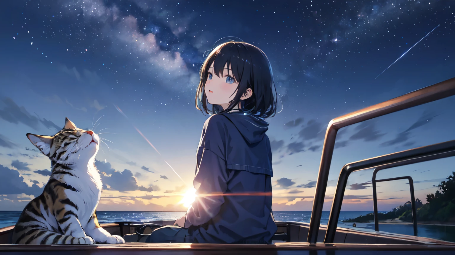 ((highest quality)), ((masterpiece)), (detailed), 4K、Look up at the night sky and see the stars々While shining、18-year-old girl、cute、Baby Face、Beauty、Well-formed face、Starry Sky、Moonlit Night、Big Dipper、Polaris、Cat、Shooting from the side、back、Ocean、On the boat、Look at the sky、milky way、Calming the mind