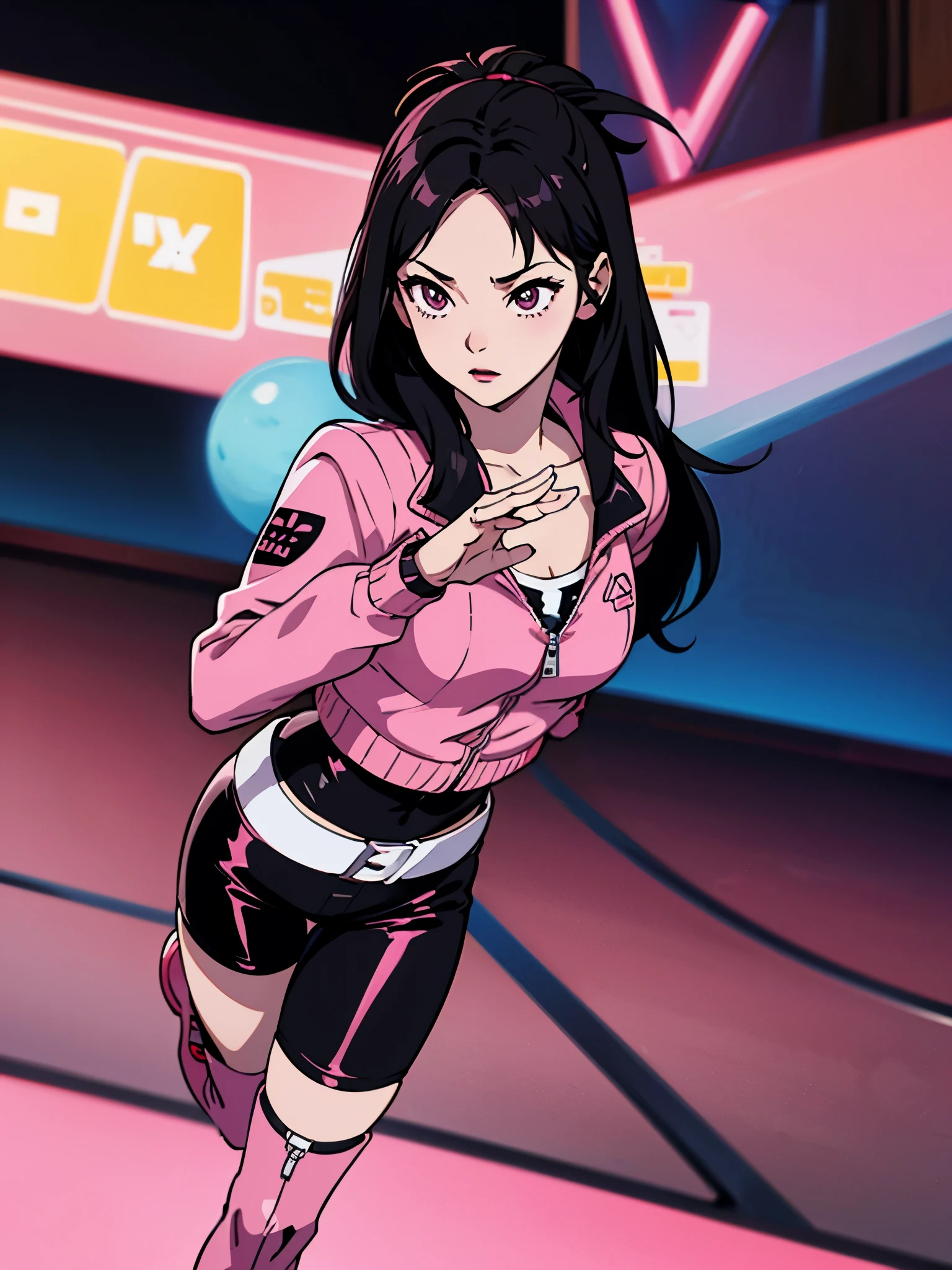 digital art drawing, illustration of (girl, long dark black hair mid part, brown eyes, sexy facial expression, flat chest, pink latex jacket, pink latex shorts, pink long latex boots, cyberpunk 2077), anime drawing/art, bold linework, illustration, digital art, masterpiece, flat illustration, no shadows, 8k resolution, high detail, vector art, only anime, perfect eyes, perfect hands, perfect fingers, sharpness, high clarity, medium close up, high fidelity
