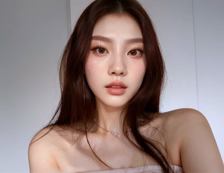um close de uma mulher com longos cabelos ruivos usando um vestido branco, maquiagem coreana popular, maquiagem sul-coreana popular, inspirado em Yanjun Cheng, linda jovem coreana, Retrato de Jossi do Blackpink,  coreana, linda mulher sul-coreana, even model | digite germe, Yanjun Chengt, Ulzzang, taejune kim, Fotografia selfie 8k