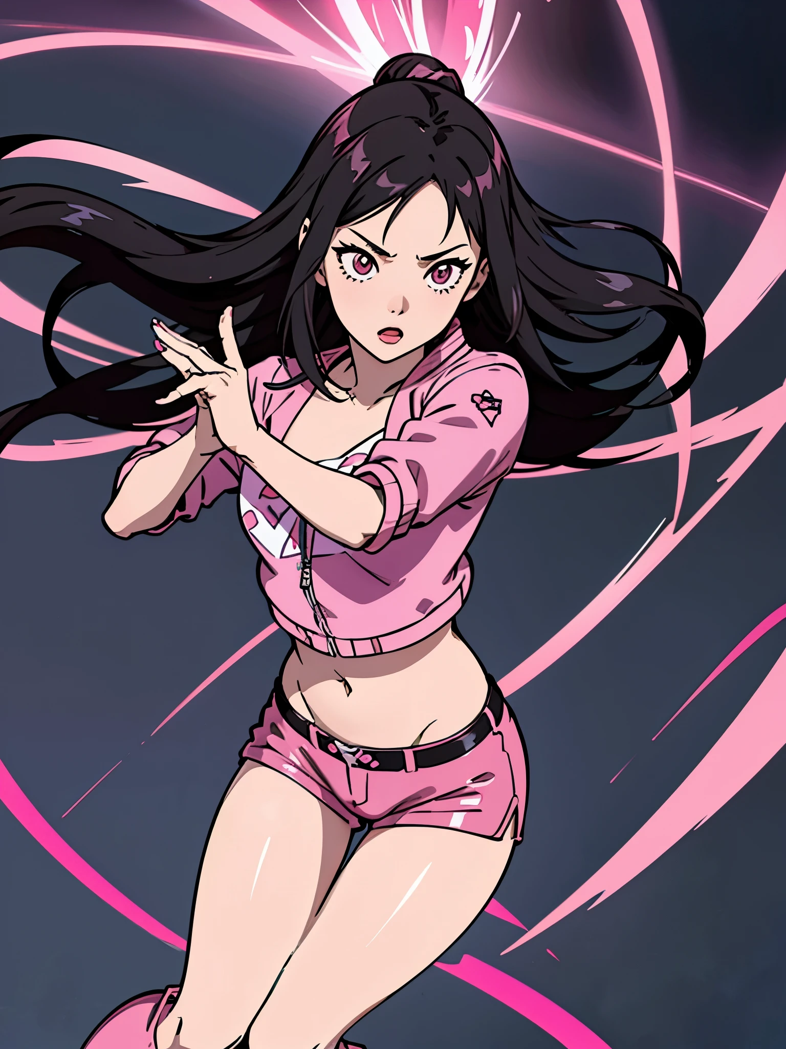 digital art drawing, illustration of (girl, long dark black hair mid part, brown eyes, sexy facial expression, flat chest, pink latex jacket, pink latex shorts, pink long latex boots, cyberpunk 2077), anime drawing/art, bold linework, illustration, digital art, masterpiece, flat illustration, no shadows, 8k resolution, high detail, vector art, only anime, perfect eyes, perfect hands, perfect fingers, sharpness, high clarity, medium close up, high fidelity
