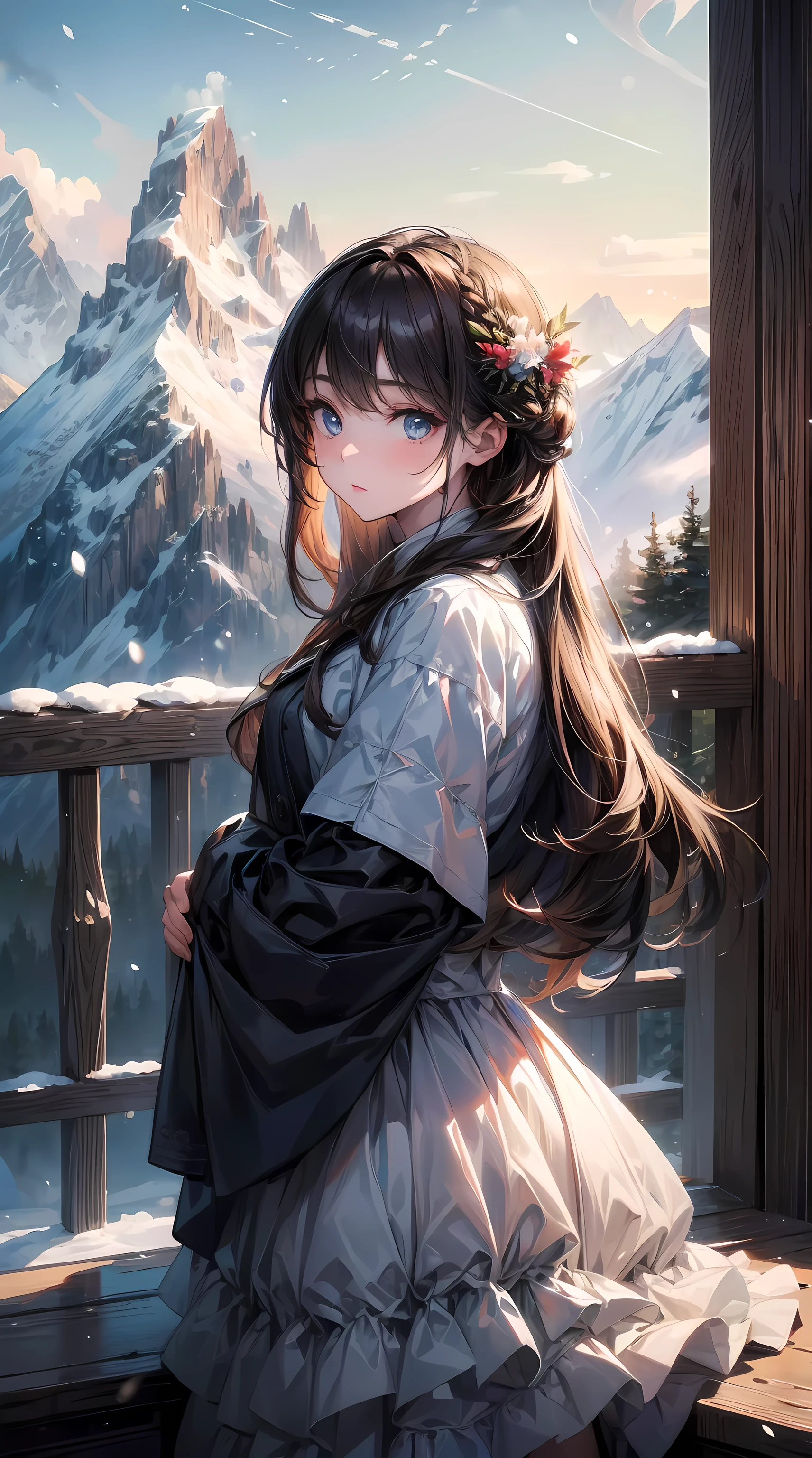 ((masterpiece)),best quality, illustration, dark, 1 Girl, In the wilderness,Mountain High,Snow-capped mountains in the distance, castle, Beautiful and delicate eyes, Beautiful and fine hair,
