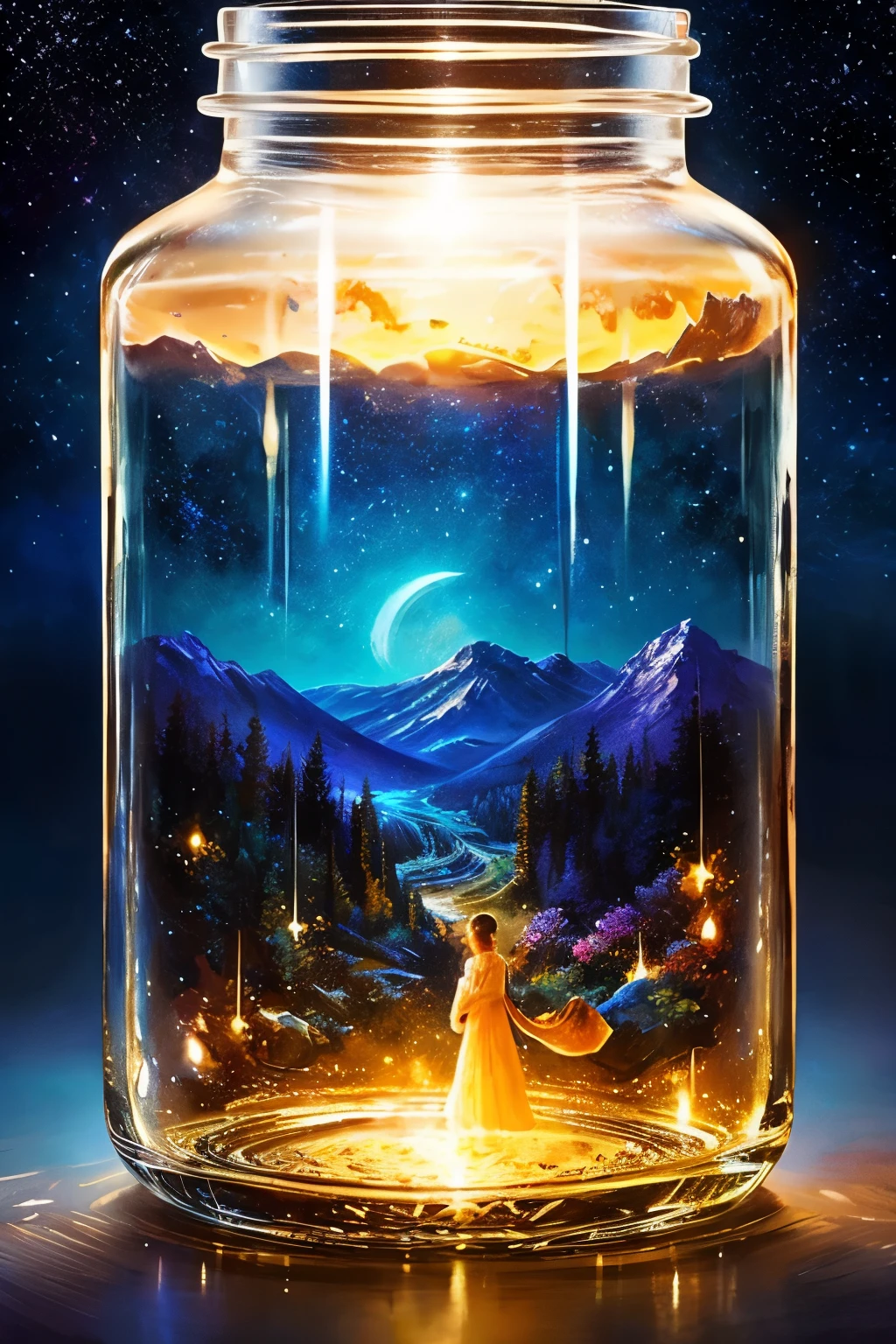 ​masterpiece、top-quality、（Very delicate and beautiful starry sky landscape trapped in a jar）、world masterpiece theater、high-resolutionisometric、top-quality、illustratio、Impasto、canvas、an oil painting、realism、realisitic