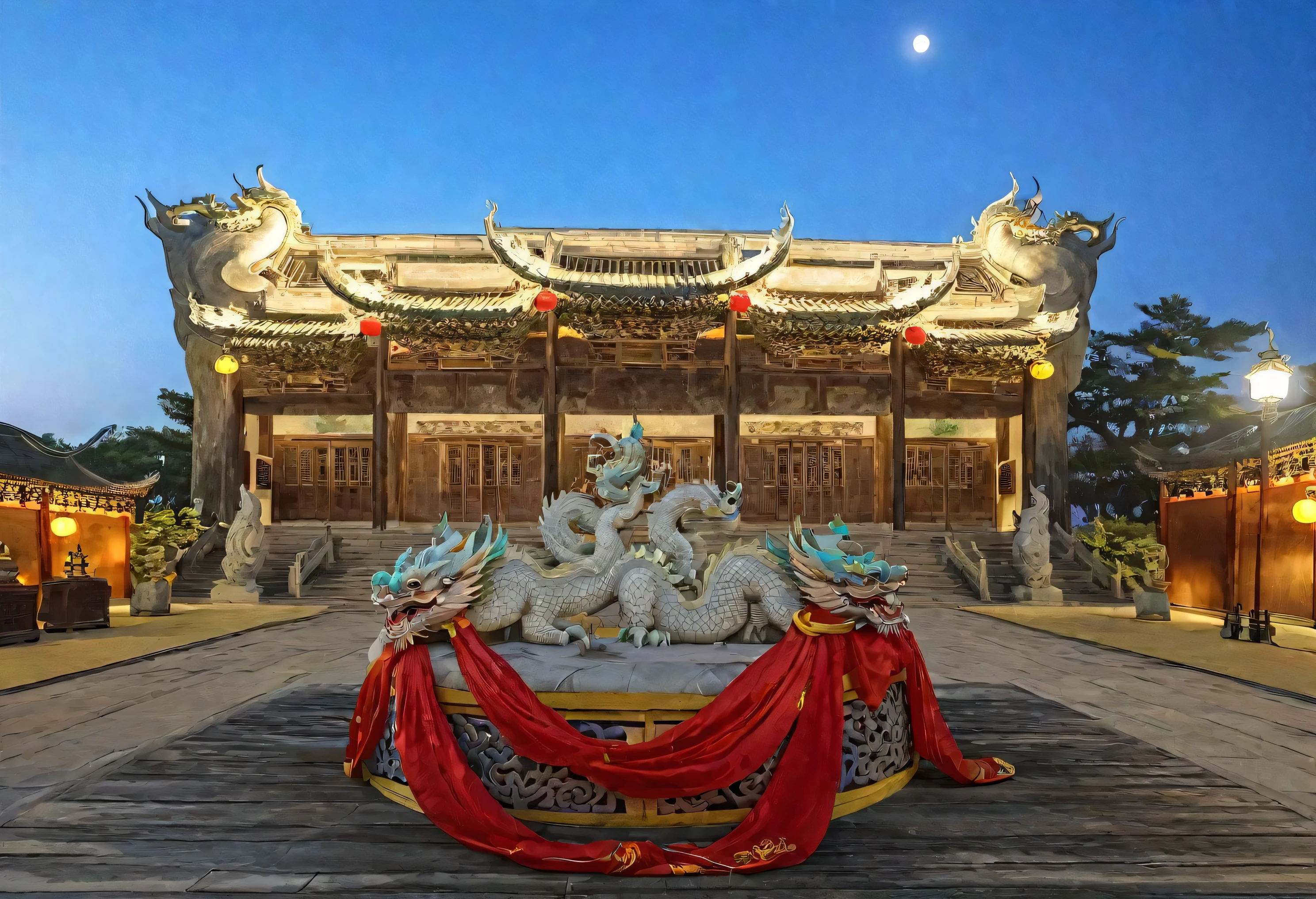 There is a large stone sculpture on the wooden platform in front of the building, ancient Chinese Architecture, Tang Dynasty Palace, Chinese Palace, Chinese Architecture, Jade Dragon Statue, moon,  A bright moon hangs high，Chinese Geography Masterpieces