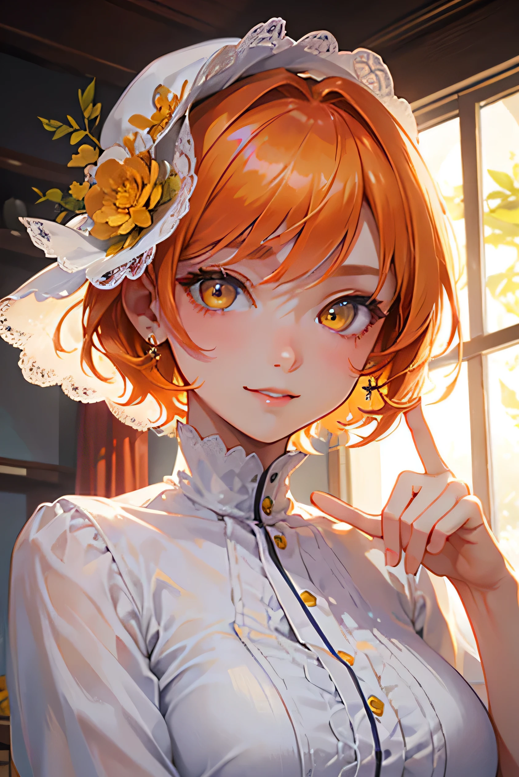 masterpiece, highest quality, so beautiful、up to date、Orange Hair, short hair, (Yellow Eyes)、(Fearless smile)、Adult woman in white dress、Face close-up、((bullish expression))