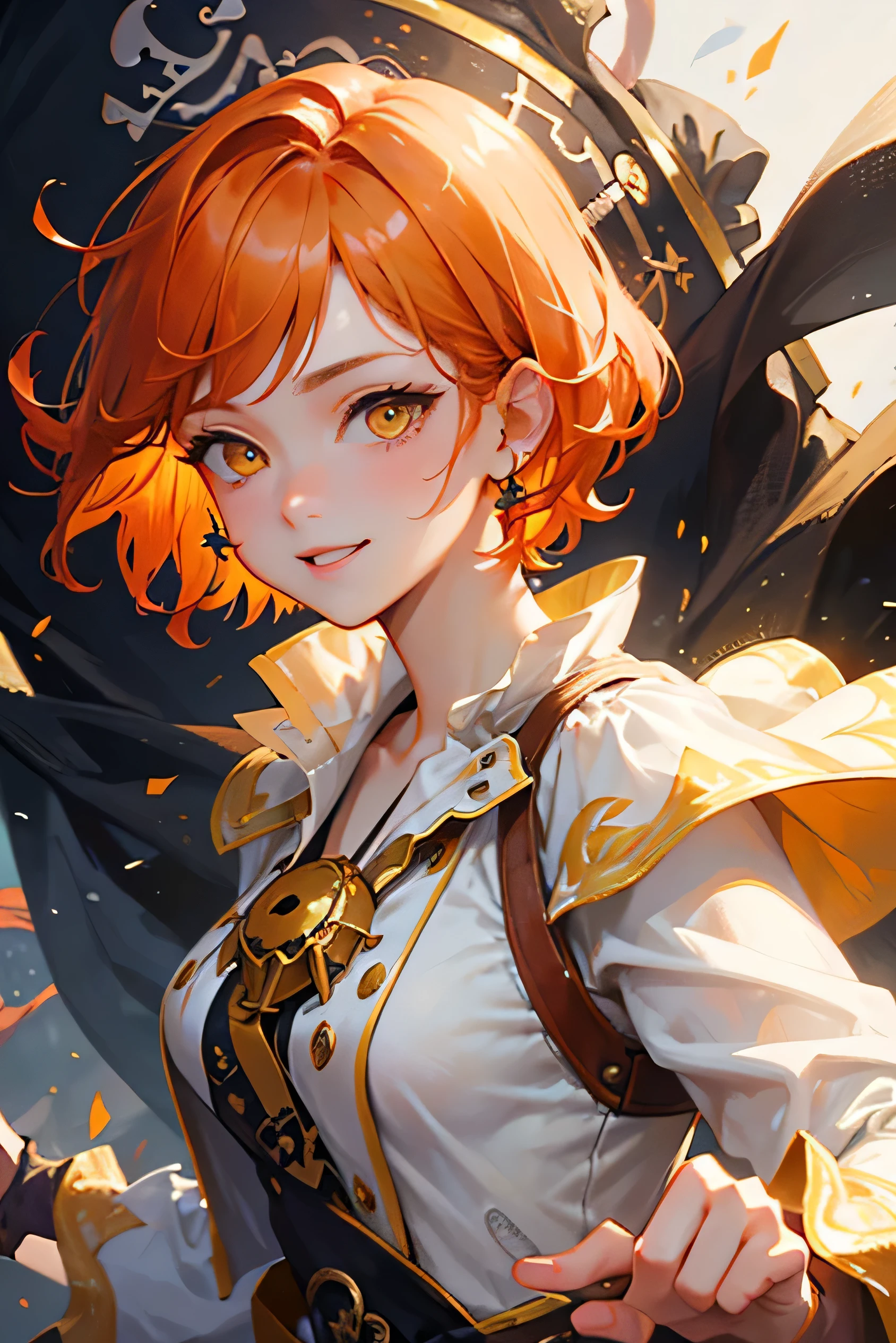 masterpiece, highest quality, so beautiful、up to date、Orange Hair, short hair, (Yellow Eyes)、(Fearless smile)、Adult woman in white dress、Face close-up、((bullish expression))、(Pirate-like background)