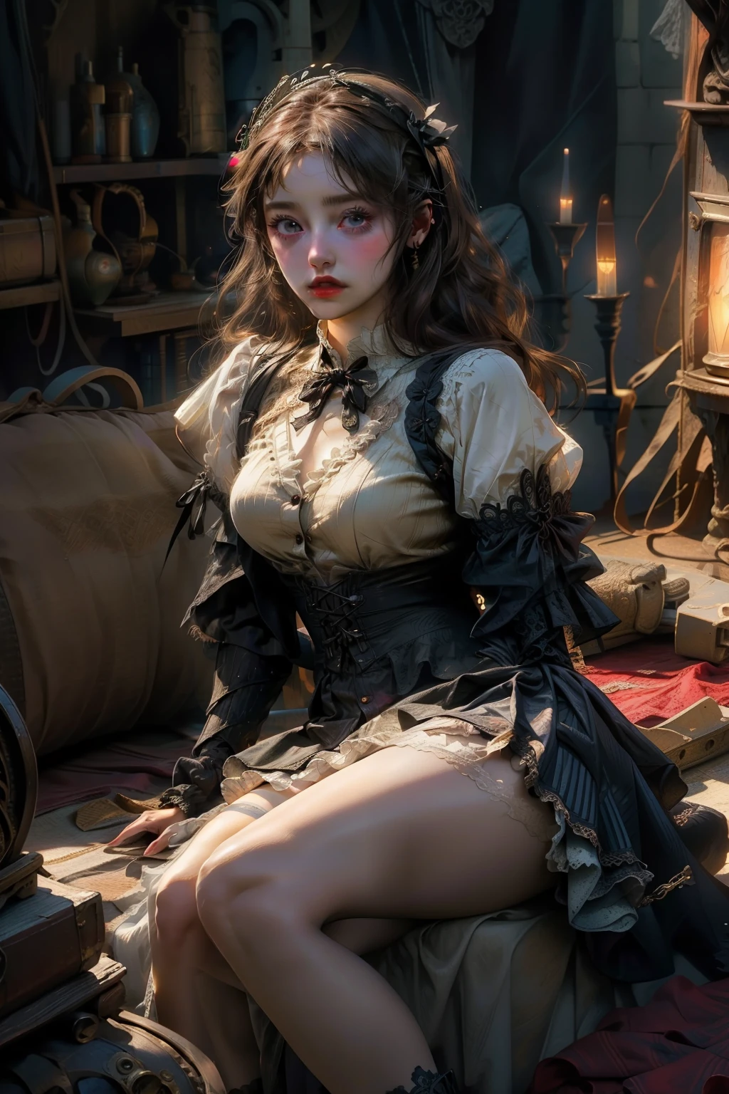 ((best quality)), ((masterpiece)), (detailed), a goddess enshrined in armour, grand in scale and intricacy, Bloodborne inspired, occult aesthetic, occult, detailed and intricate steampunk and detailed gothic, Very dramatic and cinematic lighting, cosmic horror, grim dark, Red and white with a sense of technology, side-lighting, NSFW, Depicting female characters from ethereal anime in a high-quality anime art style, Fluttering lace flared long knee length dress with frilly petticoats, long dress, knee length dress, pleated petticoats, lolita dress, petticoats gothic lolita, beautiful small breasts,