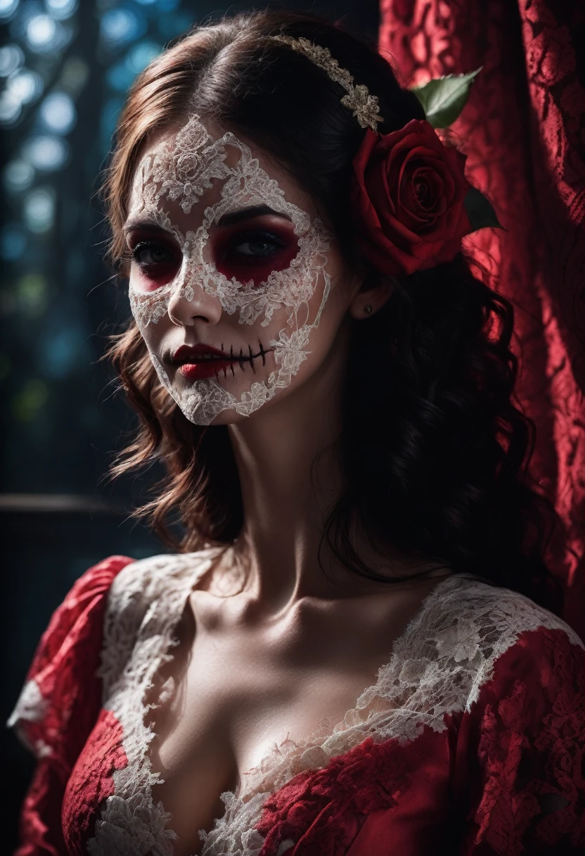 White Lace, a white lace rose, intricate lace skull pattern, dark red solid background, extremely detailed, (best quality,4k,8k,highres,masterpiece:1.2),ultra-detailed,(realistic,photorealistic,photo-realistic:1.37),HDR,UHD,studio lighting,ultra-fine painting,sharp focus,physically-based rendering,extreme detail description,professional,vivid colors,bokeh,horror,dark,moody,dramatic lighting