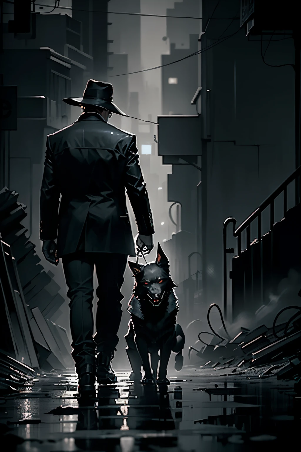 In Sin City, under the noir style guidance of Quentin Tarantino, a black-and-white world unfolds with a dark atmosphere that permeates the gritty urban landscape. Neon lights pierce the night, casting long, dramatic shadows over shadowy figures moving stealthily. High contrast dominates, painting the cityscape with intense shadows and stark light, echoing the film noir aesthetics.
Crime seeps through the pores of this city, pouring onto the rain-soaked streets, where the moody ambiance is heightened by the dramatic lighting, creating a tense and brooding scene. The urban decay is evident in the crumbling buildings and narrow smoky alle