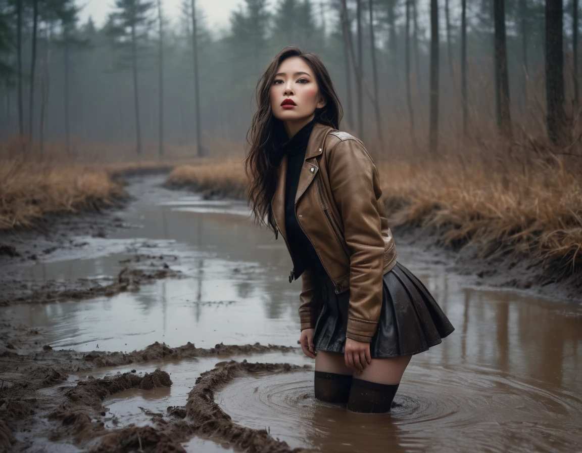 voyeurism atmosphere, from side view, hidden camera photo composition, 8k, ultra-detailed, grainy film photo, masterpiece,muted colors, muffled light, dusk, rainy, moody, noir, woman drowning in forest mud bog, shame expression, stockings, brown turtleneck, skirt, faded leather jacket, beautiful long brunette hair, depraved outfit,asian:0.5fetishistic makeup, 5fingers,beige, brown, red, 