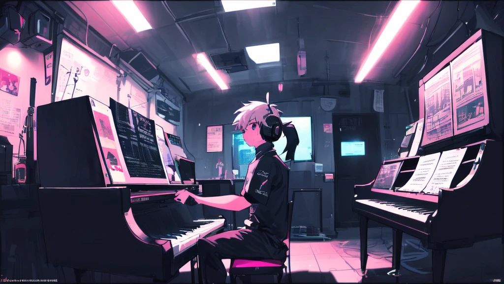 Photo of a man listening to music with headphones, Text Why you?, Super detailed, Retro Wave, cyber punk, Sad mood, 窓から差し込むnightの光, Street lights seen from the window, nightの雰囲気, One Bedroom, 2D, (Long Shot), Wide Shot, (Movie noise), Old cartoons, (Many records: 1.3), vinyl record store, (masterpiece, Very high quality, Very high quality, Official Art, beautifully、aesthetic: 1.2), (Very detailed, (Fractal Art: 1.4 ), piano, (Note: 1.4), (Lo-fi hip hop), Side view, Old Anime Texture, alone, speaker, cyber punk, vinyl, night