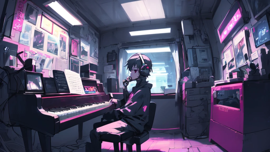 Photo of a man listening to music with headphones, Text Why you?, Super detailed, Retro Wave, cyber punk, Sad mood, 窓から差し込むnightの光, Street lights seen from the window, nightの雰囲気, One Bedroom, 2D, (Long Shot), Wide Shot, (Movie noise), Old cartoons, (Many records: 1.3), vinyl record store, (masterpiece, Very high quality, Very high quality, Official Art, beautifully、aesthetic: 1.2), (Very detailed, (Fractal Art: 1.4 ), piano, (Note: 1.4), (Lo-fi hip hop), Side view, Old Anime Texture, alone, speaker, cyber punk, vinyl, night