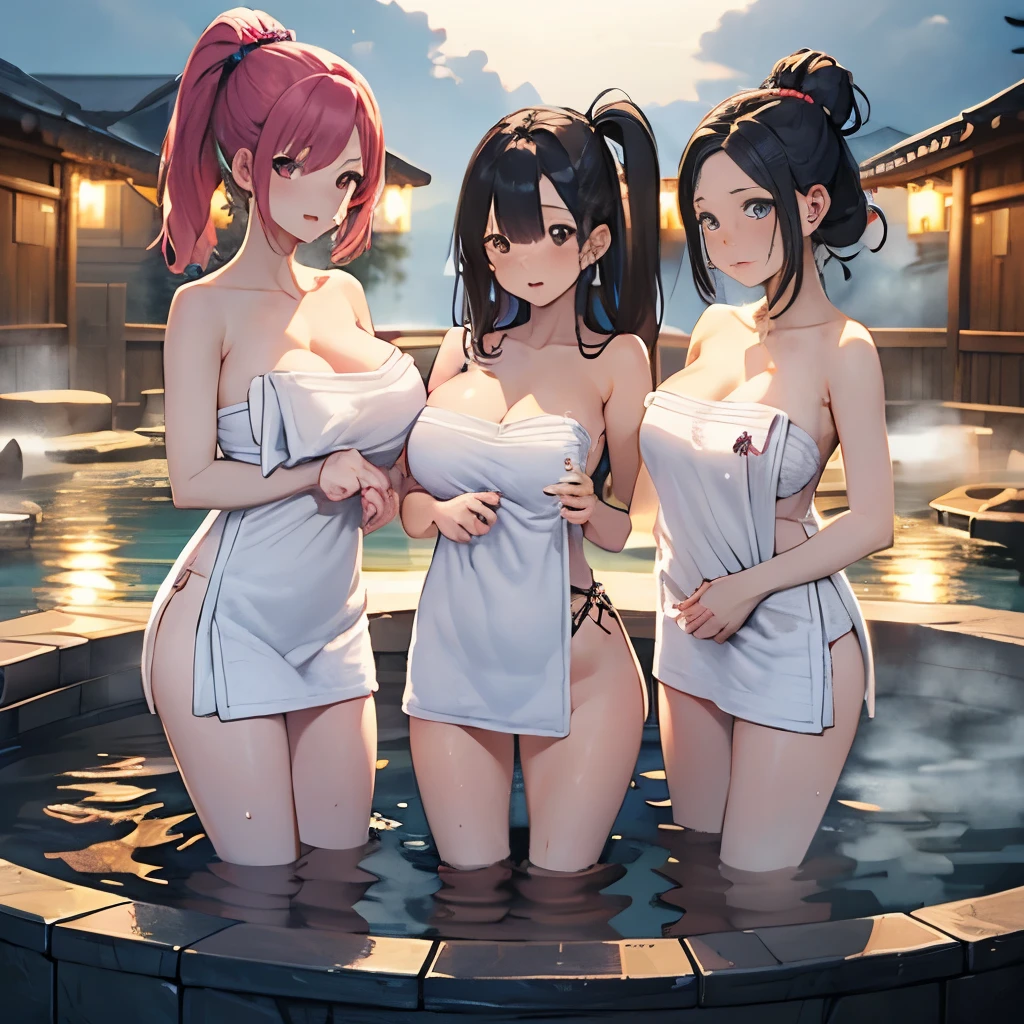 nsfw,A group of women set in a medieval fantasy world、Dragon Quest、 (At the hot spring:1.5), Mr..々Hairstyle, Harem, night, detailed aspects, Seduce, ((Transparent towel:1.5))、Huge breasts、Big Ass、Wide waist、Nipples are erect、