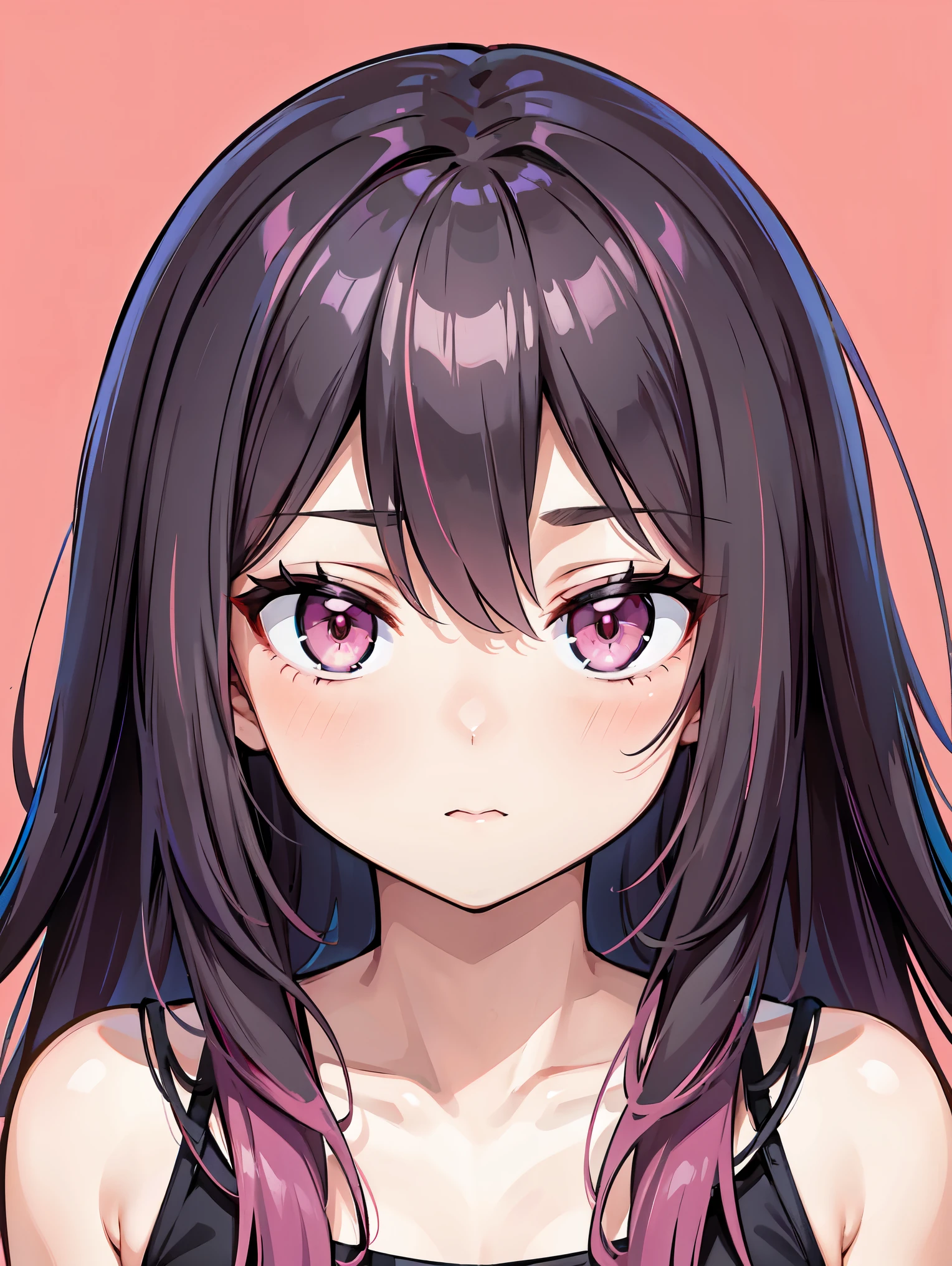 Young woman, Upper body, big face, Black and pink hair, pink eyes, , red background.
