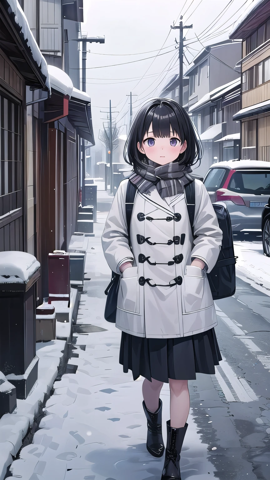 Japanese、Solo Girl, 16 years old,Medium Hair, Black Hair, Slightly chubby, White coat,rucksack、Fluffy scarf,mini skirt ,boots、Outdoor, winter,Snowy street corner、Walking straight、 highest quality, High resolution, Very detailed, Detailed Background,