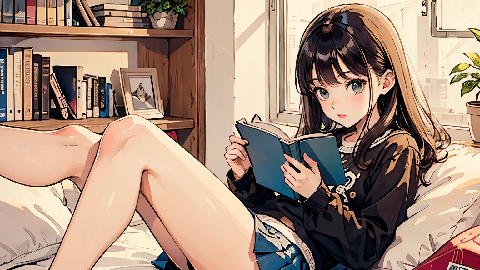 The brunette girl was alone in her bedroom,Reading a book,mini skirt,Attractive legs,