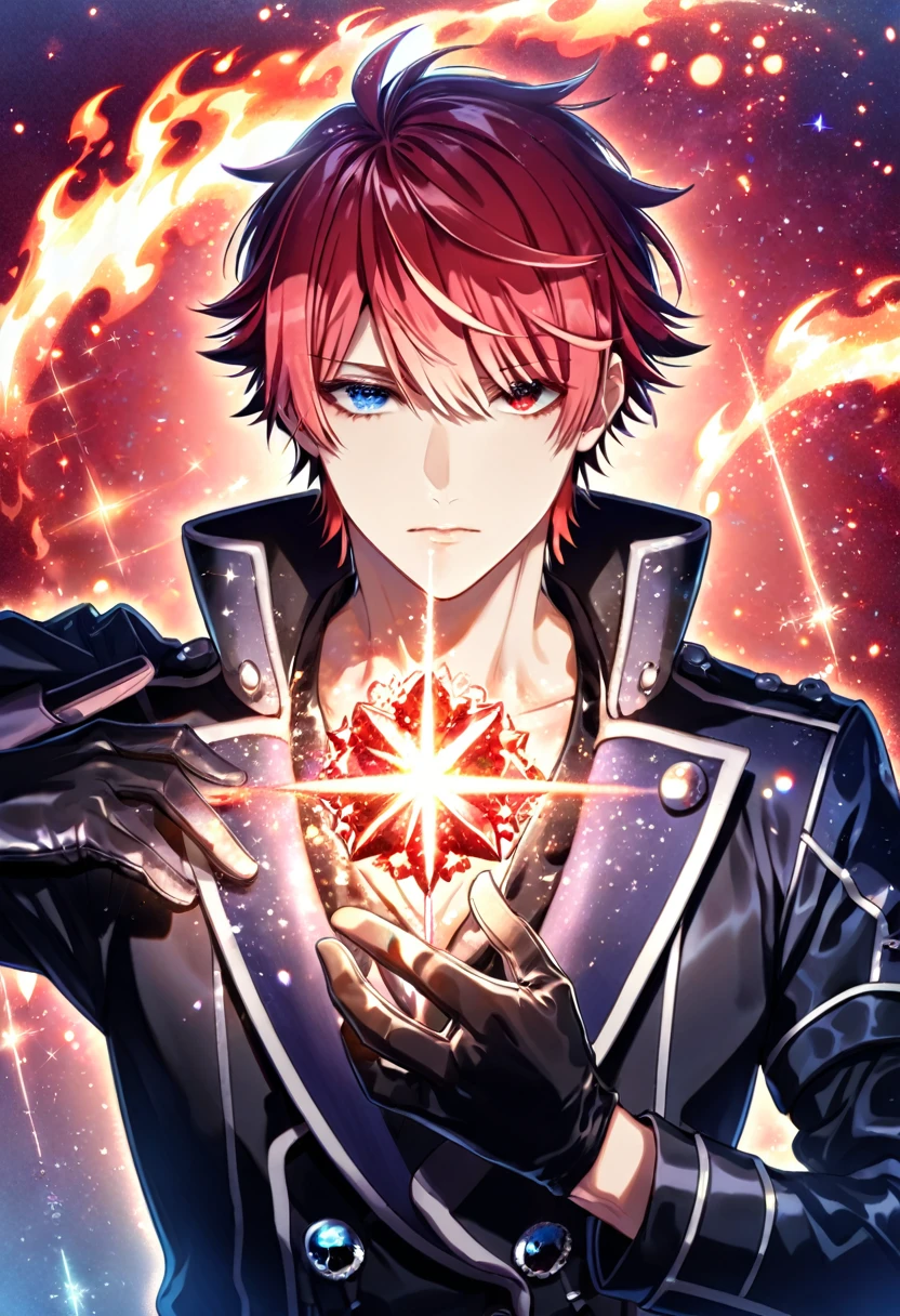 (absurdres, highres, ultra detailed, HDR) master piece, best quality, Reiki, red hair, ruffled, spiked, with bangs, heterochromia, right eye blue, left eye gray, K Project, solo, sexy man, handsome, black leather jacket, black T-shirt, black leather gloves, magical fantasy, glittering, sparkling, red roses, radiant, red sparkling fireflies, flames, red background