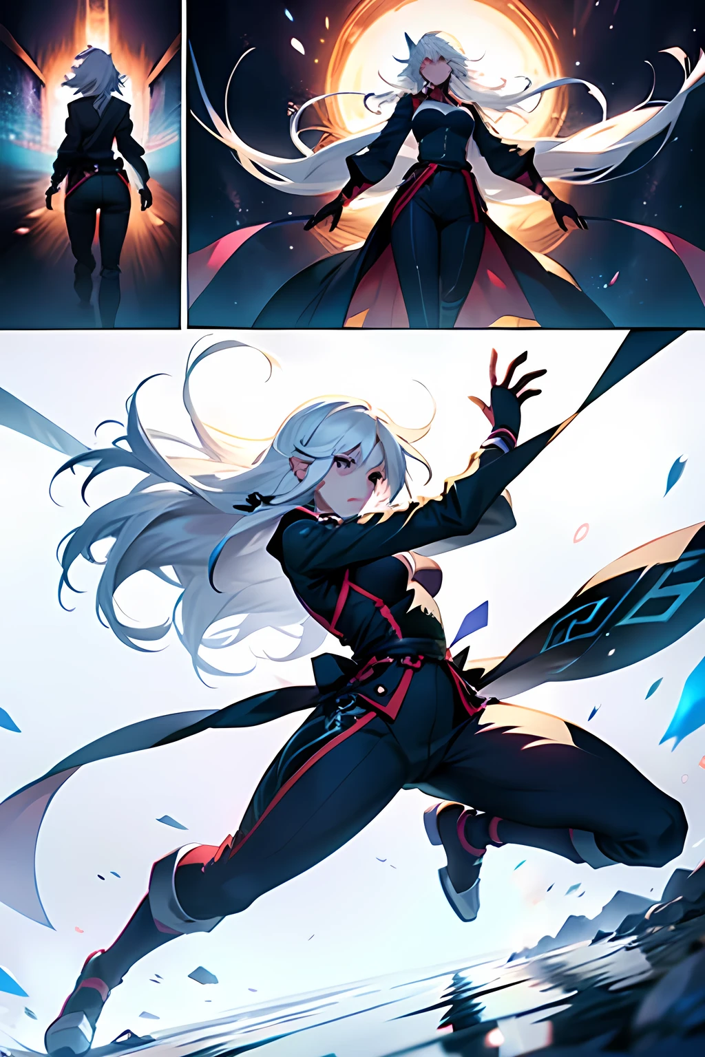 Girl with long white hair falling, full body shots, manga page with panels and dialogue 