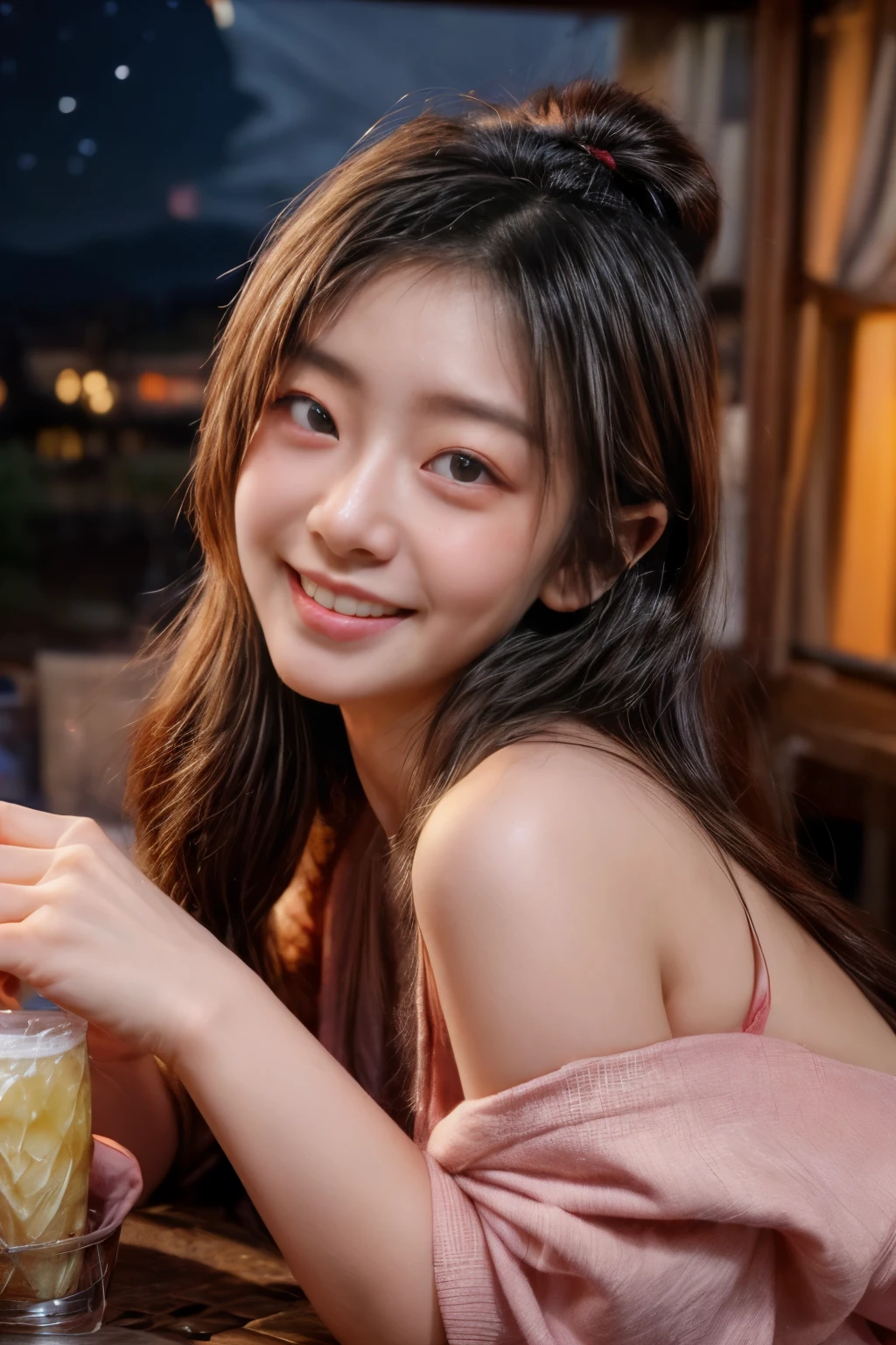 masterpiece、8k、32k、highest quality、(Detailed eyes)、(Cute Japanese Woman、Bans)、23 years old、One Girl、elegant、(Detailed background depiction、Portrait:1.2)、(Blushed、smile:1.4)、Take off your clothes、beer garden、(Star-filled night sky:1.3)、Sit on、(food and drinks on the table:1.4)、Cowboy Shot、(get drunk:1.7)、
