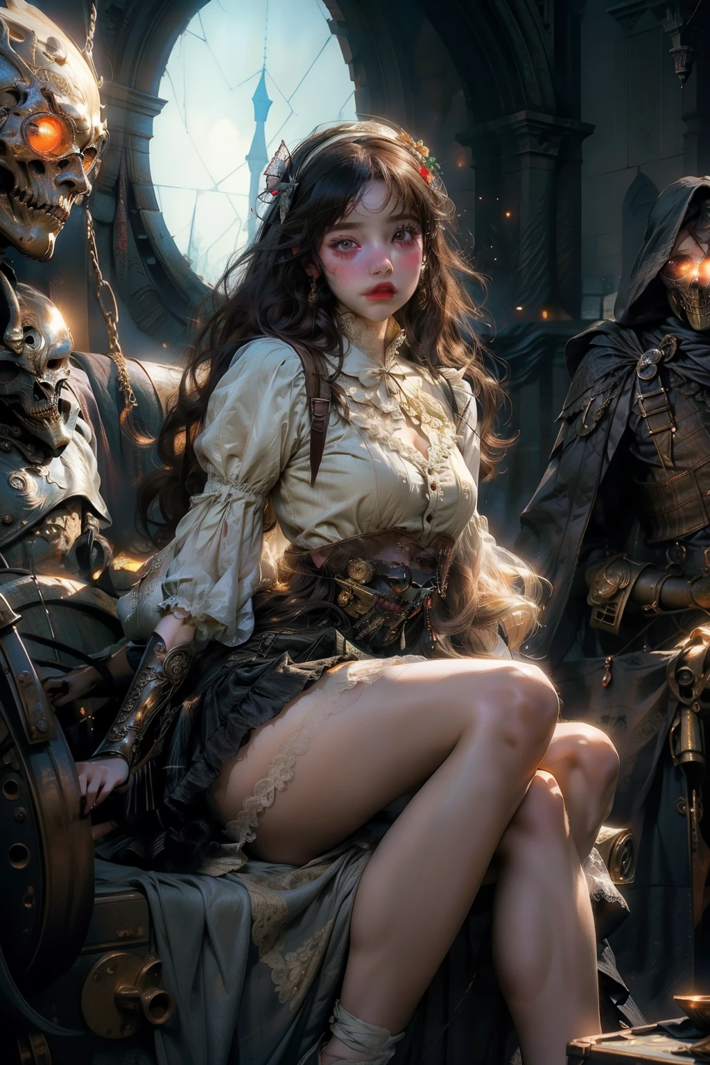 ((best quality)), ((masterpiece)), (detailed), perfect face, a beaituful goddess enshrined in armour, grand in scale and intricacy, Bloodborne inspired, occult aesthetic, occult, detailed and intricate steampunk and detailed gothic, Very dramatic and cinematic lighting, cosmic horror, grim dark, Red and white with a sense of technology, side-lighting, NSFW, Depicting female characters from ethereal anime in a high-quality anime art style, Fluttering lace flared long knee length dress with frilly petticoats, long dress, knee length dress, pleated petticoats, lolita dress, petticoats gothic lolita, beautiful small breasts,
