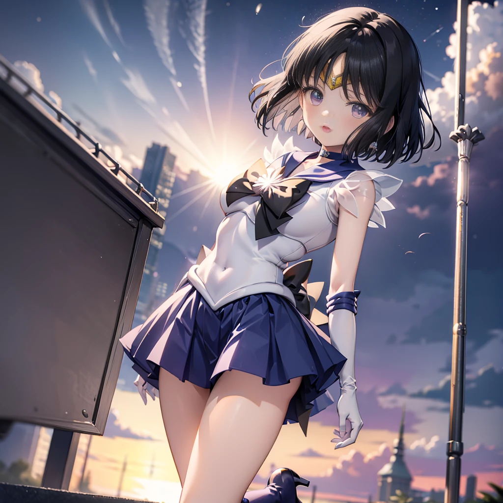 (full body)，high resolution，Detailed Description，highest quality，(sailor senshi uniform),Sailor Saturn，Black Hair，Cosmos，leotard，High leg，Purple Skirt，Knee-high boots，Elbow Handbags，Thick thighs，The skirt is short,スカートの下に白色のleotardが見える，The skirt is blown away by the wind，Defenseless crotch，blush，Embarrassed expression，Open your mouth，