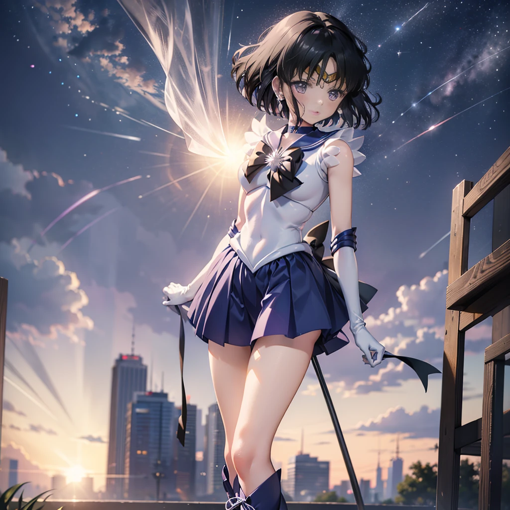 (full body)，high resolution，Detailed Description，highest quality，(sailor senshi uniform),Sailor Saturn，Black Hair，Cosmos，leotard，High leg，Purple Skirt，Knee-high boots，Elbow Handbags，Thick thighs，The skirt is short,スカートの下に白色のleotardが見える，The skirt is blown away by the wind，Defenseless crotch，blush，Embarrassed expression，Open your mouth，