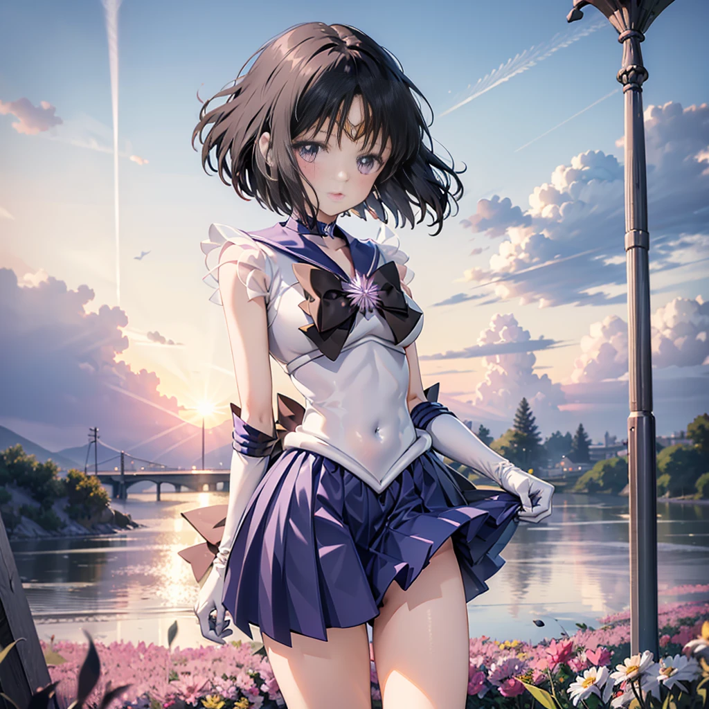 (full body)，high resolution，Detailed Description，highest quality，(sailor senshi uniform),Sailor Saturn，Black Hair，Cosmos，leotard，High leg，Purple Skirt，Knee-high boots，Elbow Handbags，Thick thighs，The skirt is short,スカートの下に白色のleotardが見える，The skirt is blown away by the wind，Defenseless crotch，blush，Embarrassed expression，Open your mouth，