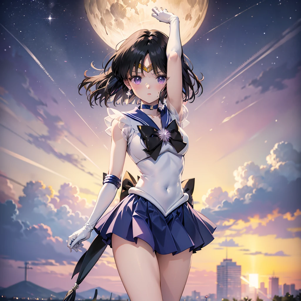 (full body)，high resolution，Detailed Description，highest quality，(sailor senshi uniform),Sailor Saturn，Black Hair，Cosmos，leotard，High leg，Purple Skirt，Knee-high boots，Elbow Handbags，Thick thighs，The skirt is short,スカートの下に白色のleotardが見える，The skirt is blown away by the wind，Defenseless crotch，blush，Embarrassed expression，Open your mouth，