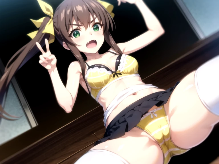 (ultra-highdetail, 8k quality, best quality, extremely detailed illustration, lingyin huang, long hair, brown hair, ribbon, twintails, (green eyes:1.3), hair ribbon, fang, bare shoulders, 1 only girl,),
cameltoe, sitting, spread legs, low angle, look down viewer, very short skirt, yellow striped pattern panties, white thighhighs, front open clothes, torn of front-breast clothes, yellow striped pattern panties bra, bra lift, show off nipple, gleaming skin, open mouth, embarrassed, making a V sign, making a peace sign, Raise both arms, five fingers,