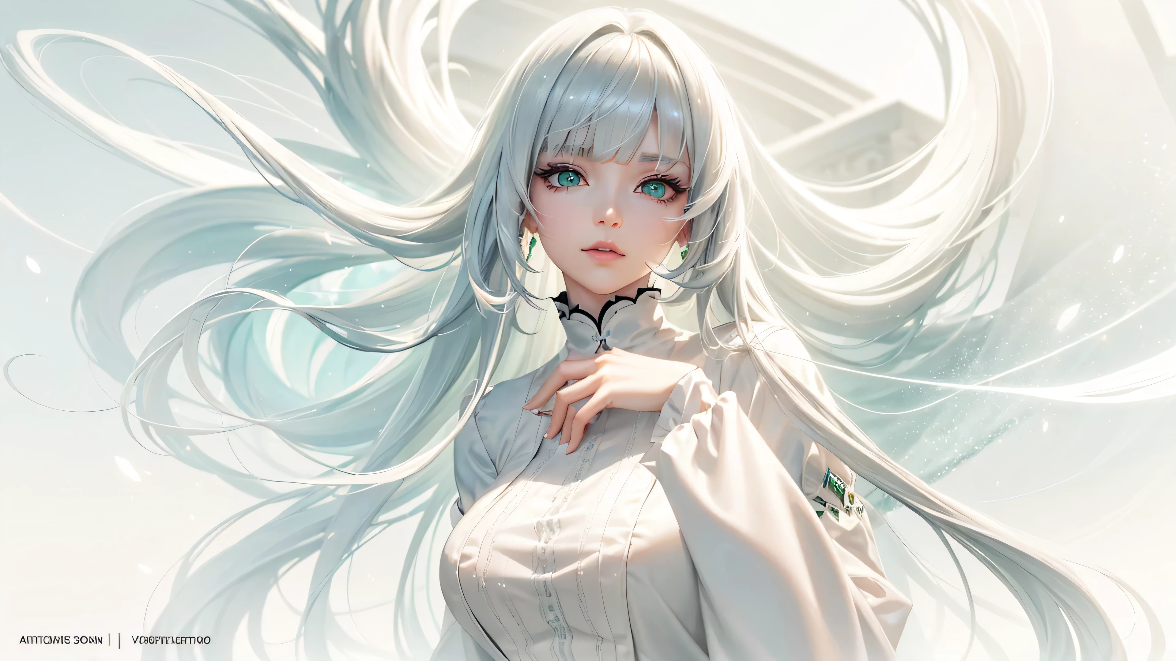 woman, silver hair, long hair, Side Blunt Bangs, green jade eyes and white plain dress, Anime realistic artstyle, 4K realistic digital art, 4K realistic digital art, DeviantArt Artstation CGScosiety, ArtGerm extremely detailed, made with anime painter studio, Glimmering eyes, long sleeves, peeking at camera