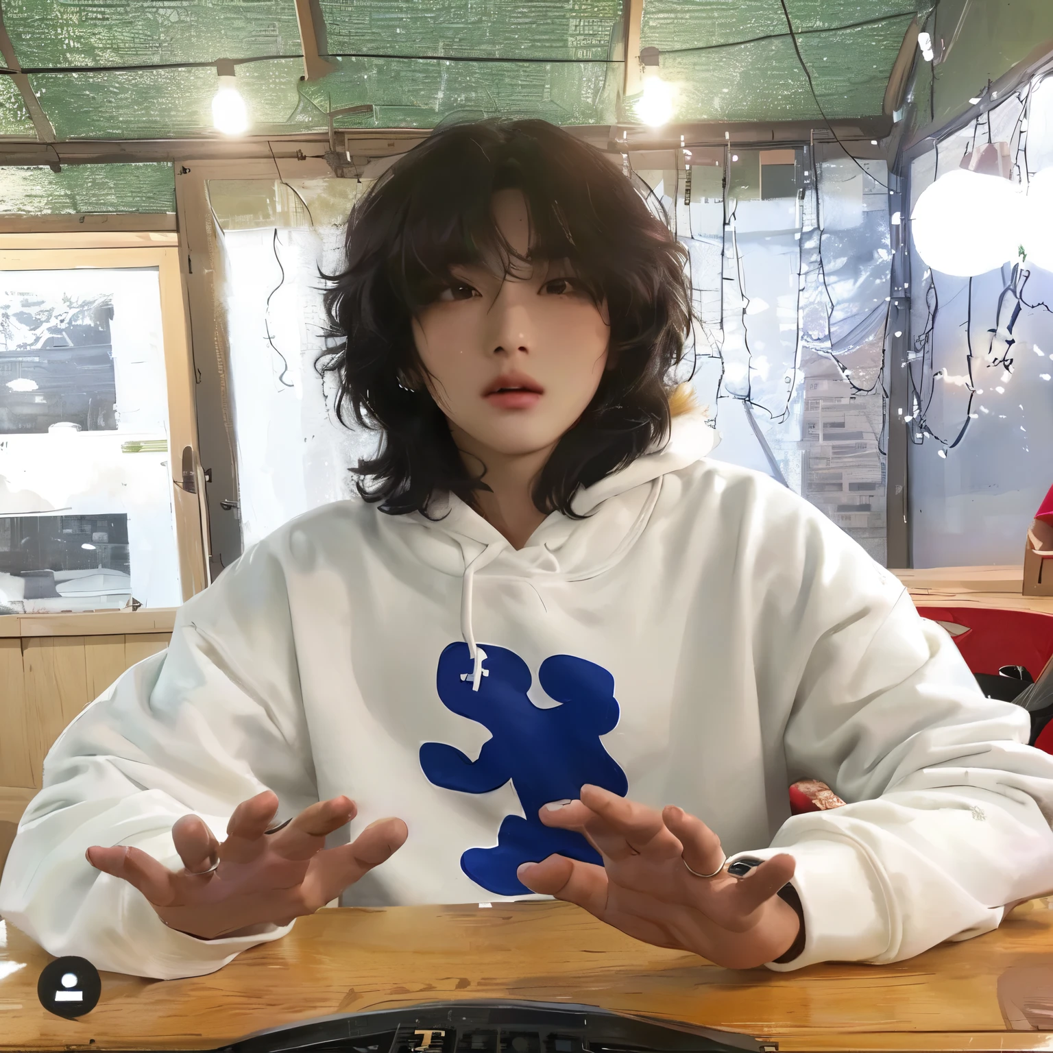 there is a woman sitting at a table with a laptop, sun yunjoo, taejune kim, jinyoung shin, sakimichan, ulzzang, heonhwa choe, park ji-min, jaeyeon nam, with short hair, finn wolfhard, the hime cut, curly bangs, hong june hyung, lee ji - eun, lee ji-eun, korean boy, kpop boy, masc, korean idol kpop boy, jungkook