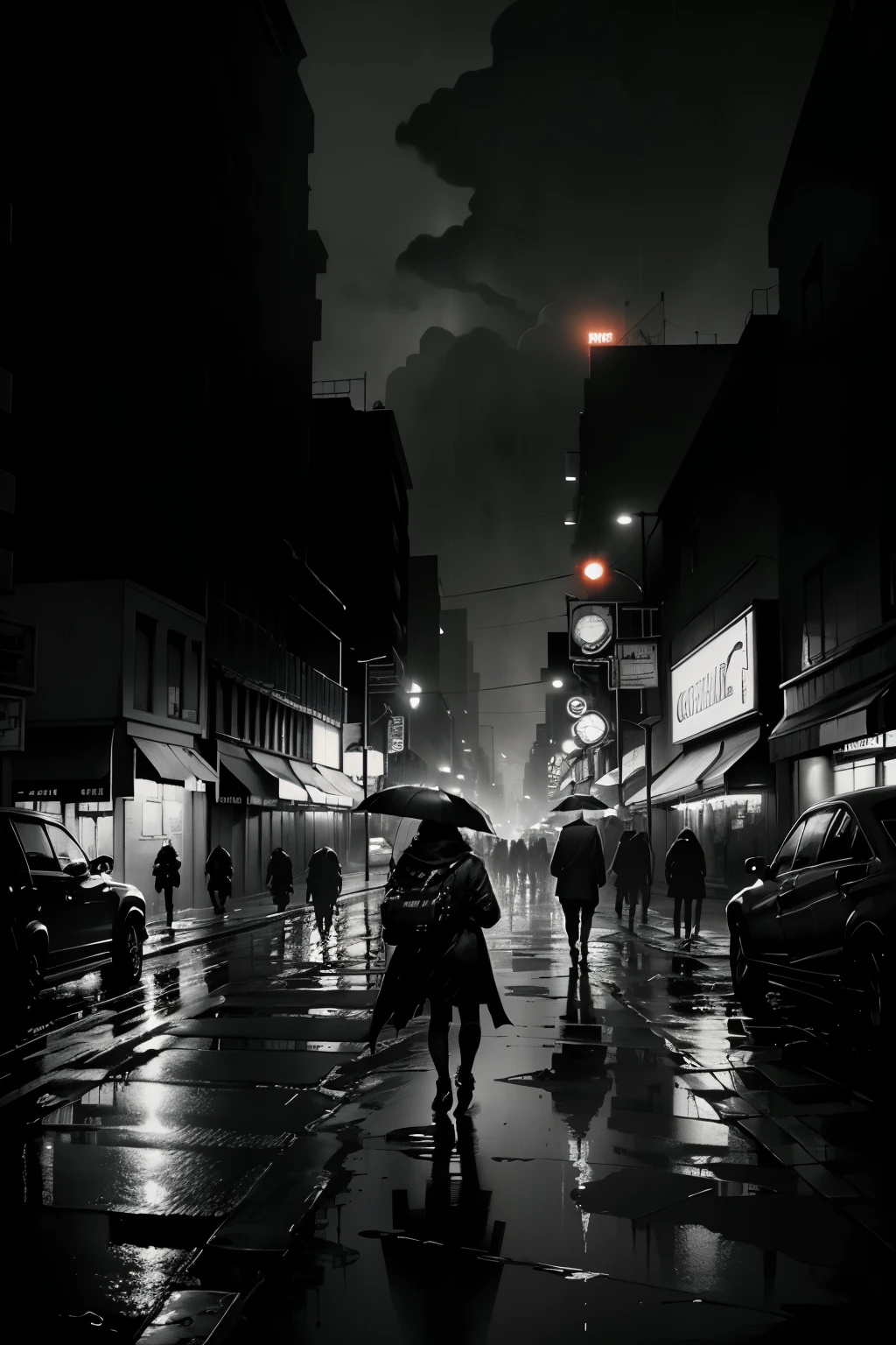 In Sin City, under the noir style guidance of Quentin Tarantino, a black-and-white world unfolds with a dark atmosphere that permeates the gritty urban landscape. Neon lights pierce the night, casting long, dramatic shadows over shadowy figures moving stealthily. High contrast dominates, painting the cityscape with intense shadows and stark light, echoing the film noir aesthetics.
Crime seeps through the pores of this city, pouring onto the rain-soaked streets, where the moody ambiance is heightened by the dramatic lighting, creating a tense and brooding scene. The urban decay is evident in the crumbling buildings and narrow smoky alle