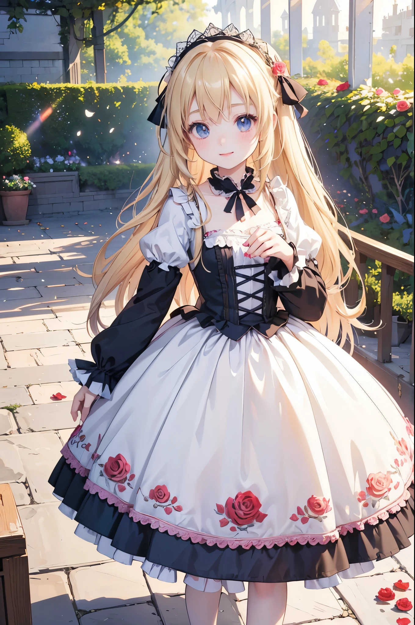 (8k, highest quality, Tabletop:1.2)、((masterpiece)), (anime:1.5), ((highest quality)), (RAW Photos: 1.2), (Professional photography:1.2), whole body, 8k, From the side, Wide Shot, (), ((One girl)), Textured skin, Cinema Lighting, One girl, ((Beautiful Gothic Lolita Pure e Dress)), (Very hoop dress), Luxury Rose Embroidery, Cute innocent girl, ((Hair on one eye)), Slim and small chested, (Long, silky blonde hair), (Gothic Lolita Makeup), tiful Hair, smile, (blush), Particles of light, ((Lift up your skirt with your hands)), In a beautiful and wonderful garden, (red rose garden)