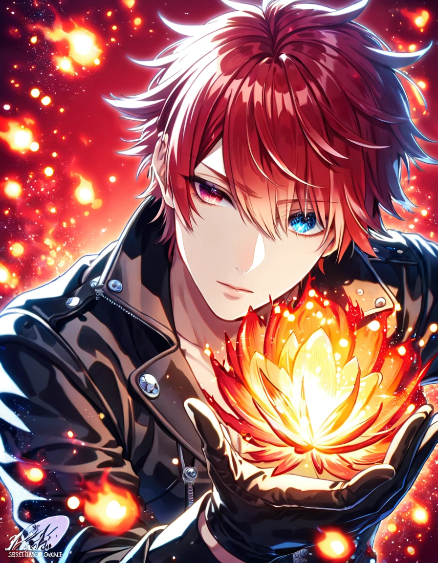 (absurdres, highres, ultra detailed, HDR) master piece, best quality, Reiki, red hair, ruffled, spiked, with bangs, heterochromia, right eye blue, left eye gray, K Project, solo, sexy man, handsome, black leather jacket, black T-shirt, black leather gloves, magical fantasy, glittering, sparkling, red roses, radiant, red sparkling fireflies, flames, red background
