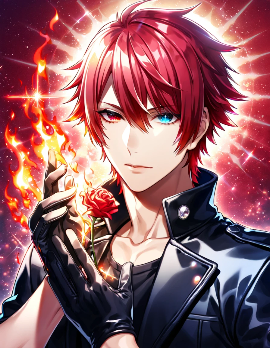 (absurdres, highres, ultra detailed, HDR) master piece, best quality, Reiki, red hair, ruffled, spiked, with bangs, heterochromia, right eye blue, left eye gray, K Project, solo, sexy man, handsome, black leather jacket, black T-shirt, black leather gloves, magical fantasy, glittering, sparkling, red roses, radiant, red sparkling fireflies, flames, red background