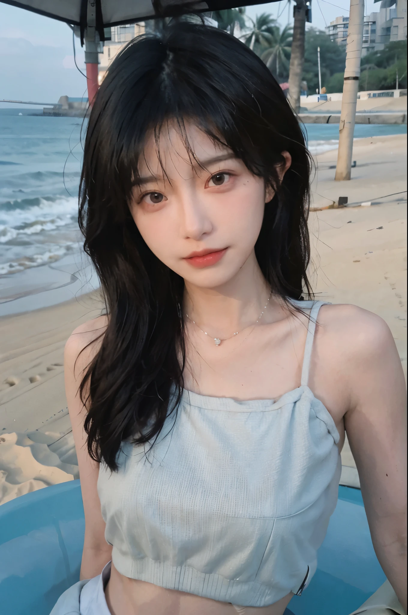 Best quality，Ultra-high resolution，（lifelike：1.4），Cute hairpin，1girll，Long curly hair，jk，Blush，Slim beauty：1.4，Visible abdominal muscles，on the beach，Ultra-fine face，Exquisite eyes，Double eyelids，necklace