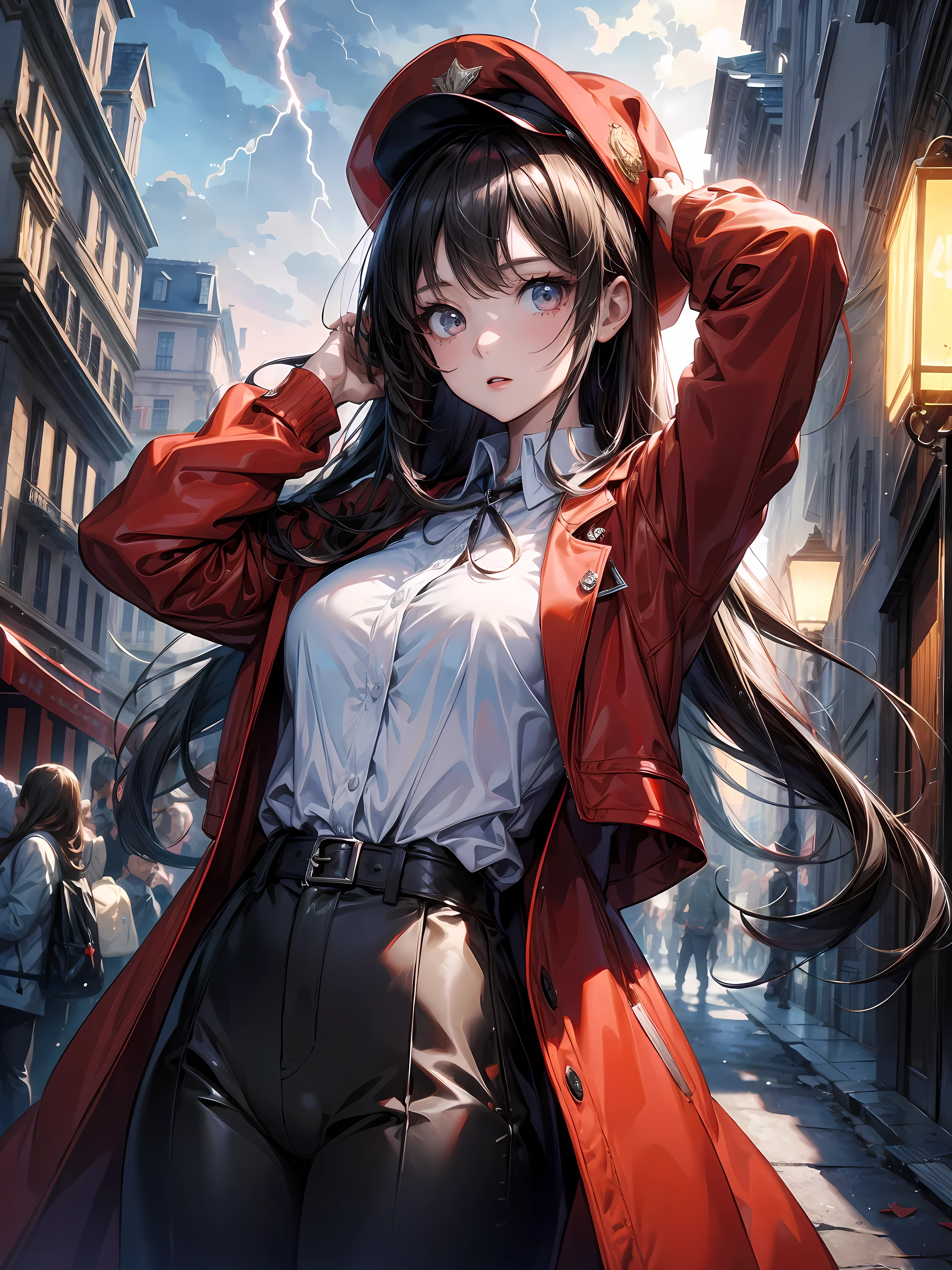 (Practical:0.2), Anime Illustrations, 1 Girl,, Red Jacket, Big Red Hat, In Paris, France, SFW, Black pants, Black office shirt,, Carmen reason,, Blue sky,, long hair,, Dramatic Lightning, lamp, epic lamp, There is light on the face, Backlight, face light, Lighted face, Fill light lamp, Fill light lamp, ((masterpiece)), (Carmen_reason_v1-1_Shurik-2000:0.6)