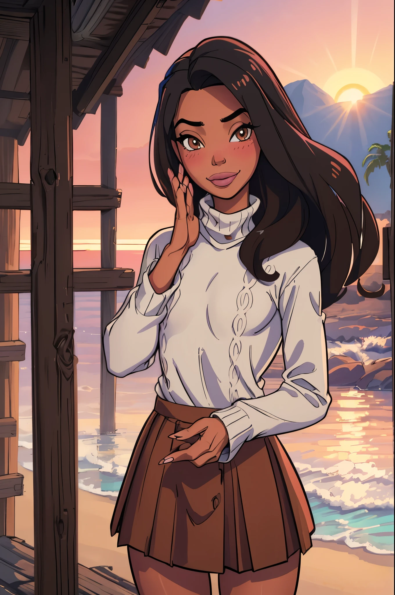 Please remember the following text:
"Masterpiece, best quality: 1.2, sleepygimp, 1girl, solo, skirt, sweater, long hair, brown hair, looking at viewer, white sweater, long sleeves, brown skirt, smile, brown eyes, blush, turtleneck, indoors, cafe, leaning."
"Imagine a serene tropical beach at sunset, where the sky is painted with warm hues of orange and pink. Moana, now 30 years old, lies on the soft sand, looking tired but peaceful."