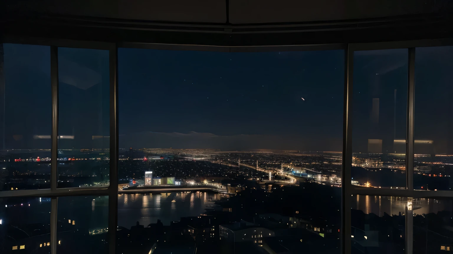 View of the city from the window on the 25th floor. clear sky, night, there are a lot of lights shining.