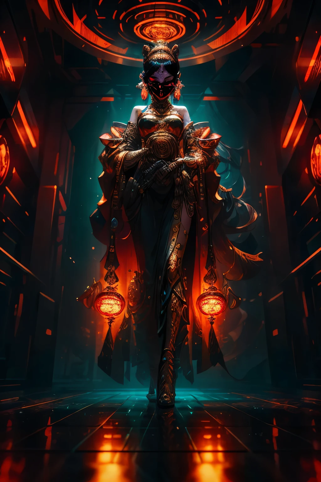 High-Definition 3D Render in the gritty, neon-lit style of cyberpunk. The protagonist stands tall, her agile form clad in an opulent costume reminiscent of the Renaissance era. A golden and silver mask conceals her features, while in her hand, she wields a samurai sword, its reflection dancing on the polished glass surface beneath her feet.
The background stretches into the infinite expanse of space, punctuated by a brilliant sun and intricate circular patterns that echo the design of her mask. The color palette leans heavily towards deep oranges and rich reds, creating an atmosphere that is as surreal as it is mysterious.