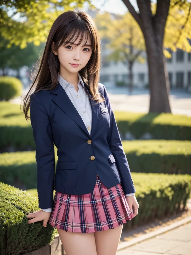 (8k, RAW Photos, highest quality, Tabletop:1.2), (Realistic, Photorealistic:1.4), (Highly detailed 8k wallpaper), Sharp focus, Depth of written boundary,highest quality, Very detailed, Beautiful and detailed, (Brown Hair), Natural color lip, (smile), (Wears a navy blue school blazer uniform:1.3), (Long Bob Hair:1.3), Standing in the park, (The wind is blowing、A navy blue and pink checked miniskirt flips up), 18 year old girl, Backlight