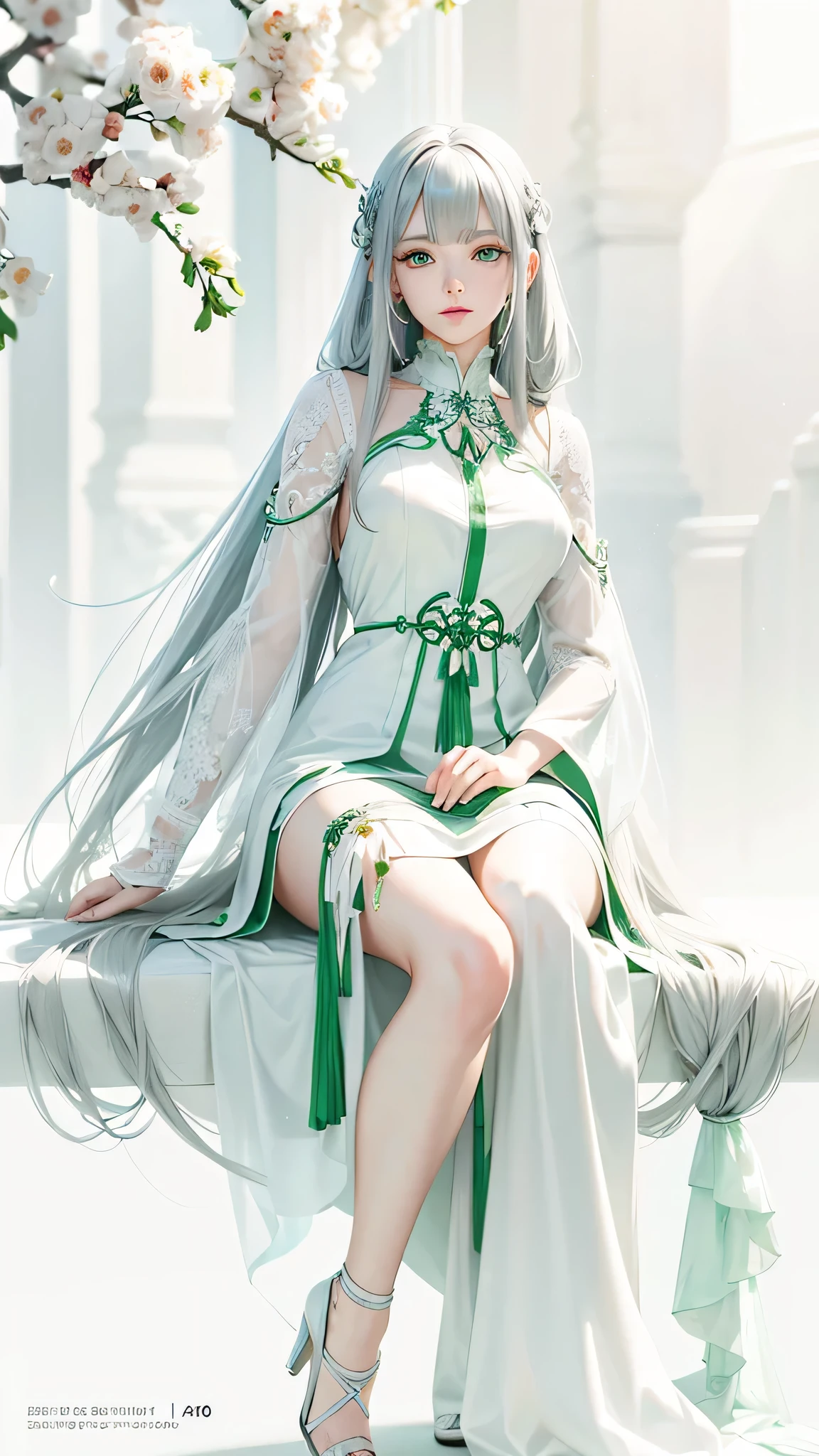 woman, silver hair, long hair, Side Blunt Bangs, green jade eyes and white plain dress, Anime realistic artstyle, 4K realistic digital art, 4K realistic digital art, DeviantArt Artstation CGScosiety, ArtGerm extremely detailed, made with anime painter studio, Glimmering eyes, long sleeves, peeking at camera