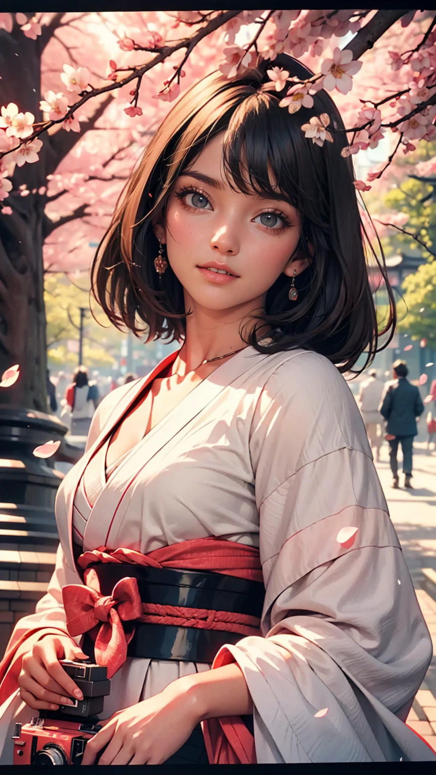 Retro Photography, 1960s , Agfa, Kodak, One girl, Portraiture, Looking_in_Audience, smile, Japan, Tokyo, Cherry Blossom, Octane Rendering, 一人in, rtrophto1
